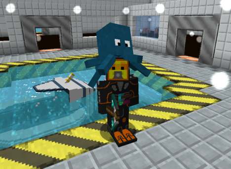 Minecraft scene. There's a moon pool. In front of it is a Minecraft person (moi!) clad in diving gear. On the head is an octopus, it's made itself very comfortable on there.