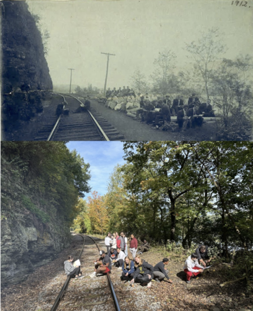 Two photos. Upper photo is a black and white image of a Bucknell University botany class from 1912, sitting along railroad tracks between a sheer cliff face and the Susquehanna River. Lower photo is a color image of the fall 2022 Field Botany class in the same spot. 