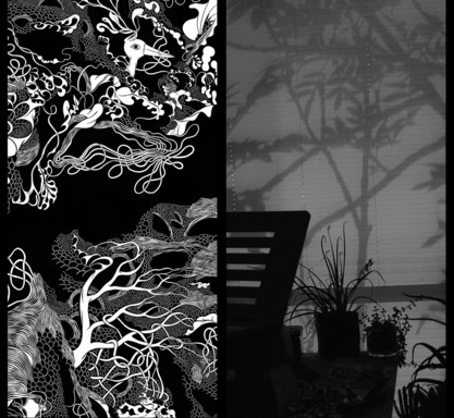On the left, a black and white line drawing of intertwined tree-branches and organic shapes. On the right, a monochrome photo of a window screen with shadows of tree limbs. In front of the window, silhouettes of potted plants.