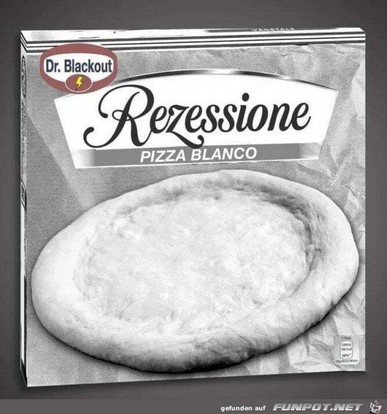 A picture of a box of a pizza with nothing on it, and called "Pizza Rezessione"