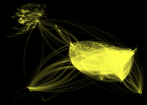 A network of US airports featuring yellow curved edges on a black background. Figure created in R using the R package netplot.