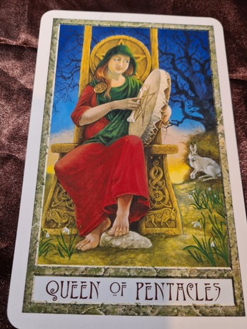 The Queen of Pentacles card from the Druid Craft Tarot deck 