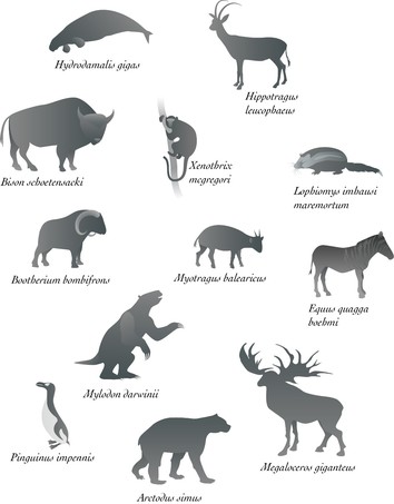 Small icon-like grey-scale vector drawings of extinct animals, with their latin names