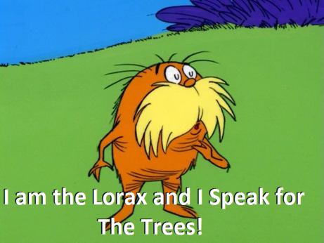 Still from the cartoon The Lorax, showing the titular character with the text “I am the Lorax and I Speak for The Trees!”