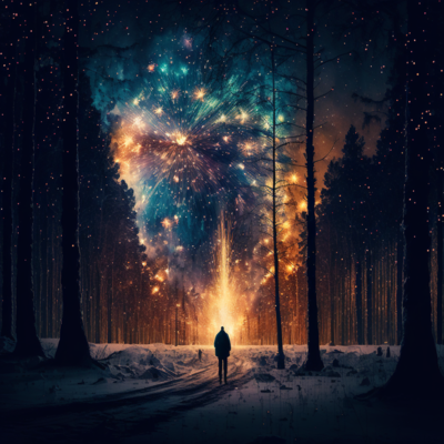 An artificial intelligence generated a snowy forest landscape with fireworks in the back and a tall person walking on a path