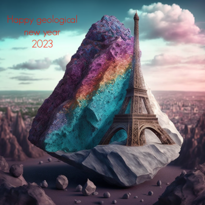 The Eiffel tower sits of the edge of a huge rainbow coloured rock. The rock, which resembles a mountain, is free standing in front of a town in the background. 