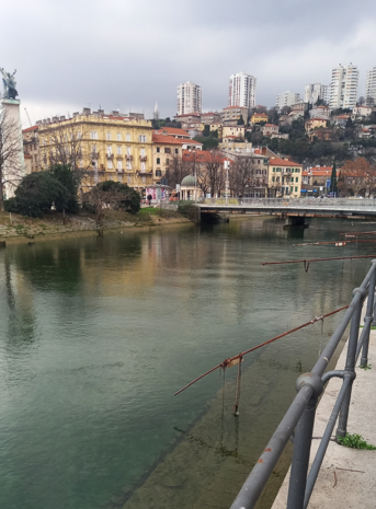 The river, bridge, and the city behind it