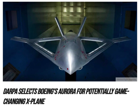 Screenshot of a post with the headline: DARPA Select's Boeing's Aurora for Potentially Game-Changing X-Plane. The screen shot features a photo of a model aircraft.