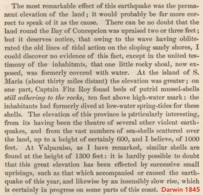 Fac-simile of Charles Darwin's description of the uplift due to the 1835 earthquake