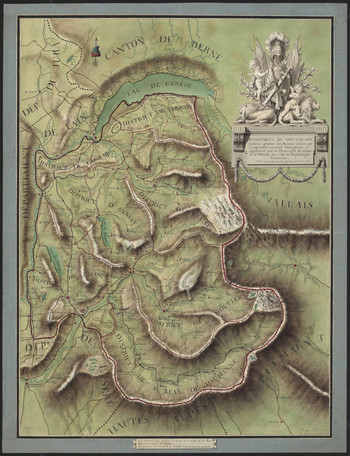 An old map of the region around the Mont-Blanc in greenish tones. Geneva lake is accurately represented on the top part, as well as main river to the south and southeast. 
