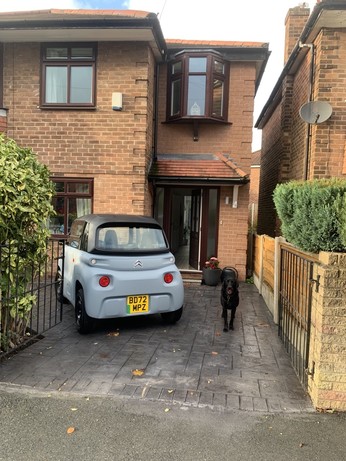 A very small pale blue car, a Citroen Ami, Oakes’s in my drive with a handsome black lab standing next to it to provide a scale reference.