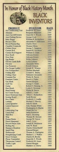 "In Honor of Black History Month: Black Inventors"
Product: Inventor, Date
Air Cond. Unit: Frederick M. Jones, 1949
Almanac: Benjamin Banneker, 1791
Auto Cut-Off Switch: Granville T. Woods, 1839
Auto Fishing Device: George Cook, 1899
Baby Buggy: William H. Richardson, 1889
Biscuit Cutter: Alexander P. Ashbourne, 1875
Blood Plasma Bag: Charles Drew, 1945
Chamber Commode: Thomas Elkins, 1897
Clothes Dryer: George T. Sampson, 1971
Curtain Rod: Samuel R. Scrottron, 1892
Curtain Rod Support: William S. Grant, 1896
Door Knob, Door Stop: Osbourn Dorsey, 1878
Egg Beater: Willie Johnson, 1884
Electric Lamb Bulb: Lewis Latimer, 1882
Elevator: Alexander Miles, 1867
Eye Protector: Powell Johnson, 1880
Fire Escape Ladder: Joseph W. Winters, 1878
Fire Extinguisher: Thomas Marshall, 1872
Folding Bed: Leonard C. Bailey, 1899
Folding Chair: Nathaniel Alexander, 1911
Fountain Pen: Walter B. Purvis, 1890
Furniture Caster: David A. Fisher, 1878
Gas Mask: Garrett Morgan, 1914
Golf Tee: George T. Grant, 1899
Guitar: Robert F. Fleming, Jr., 1886
Hair Brush: Lydia O. Newman, 1898
Hand Stamp: Walter B. Purvis, 1883
Ice Cream Scoop: Alfred L. Cralle, 1897
Insect Destroyer Gun: Albert C. Richardson, 1899
Ironing Board: Sarah Boone, 1887
Key Chain: Frederick J. Loudin, 1894
Lantern: Michael C. Harvey, 1884
Lawn Sprinkler: John H. Smith, 1897
Lemon Squeezer: John Thomas White, 1893
Lock: Washington A. Martin, 1893
Lubricating Cup: Elijah McCoy, 1895

Full transcription too long, in comment.