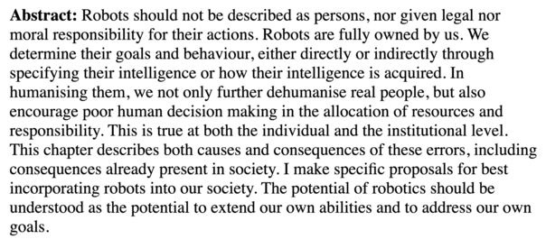 Abstract for Bryson (2010) Robots should be slaves.