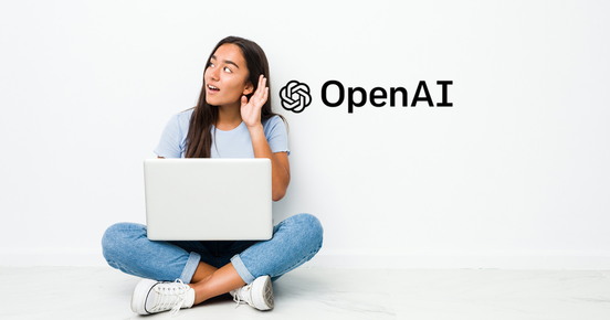 Image: photo of girl in blue jeans and pale blue T-shirt with laptop sitting cross-legged on the floor. OpenAI logo.