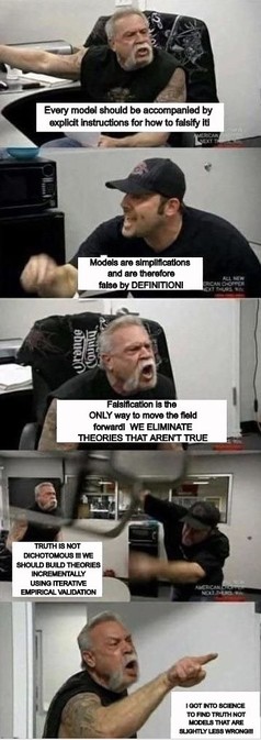Orange County Choppers fight meme. Senior: Every model should be accompanied by explicit instructions for how to falsify it! — Junior: Models are simplifications and therefore false by DEFINITION! — Senior: Falsification is the ONLY way to move the field forward! WE ELIMINATE THEORIES THAT AREN'T TRUE! — Junior: TRUTH IS NOT DICHOTOMOUS!!! WE SHOULD BUILD THEORIES INCREMENTALLY USING ITERATIVE EMPIRICAL VALIDATION! — Senior: I GOT INTO SCIENCE TO FIND TRUTH, NOT MODELS THAT ARE SLIGHTLY LESS WRONG!!!