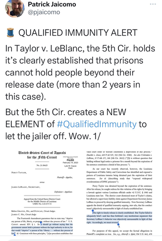 Tweet from @pjaicomo about the 5th Circuit creating a new qualified immunity element to overcome to protect someone keeping a prisoner over 2 years past his release date. With PACER screenshots.