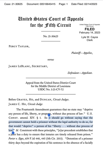 Screenshot of page 1. Judge Ho, Middle District of Louisiana, USDC No. 3:21-CV-72. Saying that even though depriving people of liberty is a clear constitutional violation…
