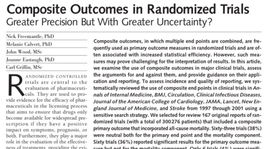 Screen shot of title page of clinical paper: Freemantle et al. JAMA 2003 "Composite outcomes in randomized trials. Greater precision but with greater uncertainty?"
https://jamanetwork.com/journals/jama/article-abstract/196588