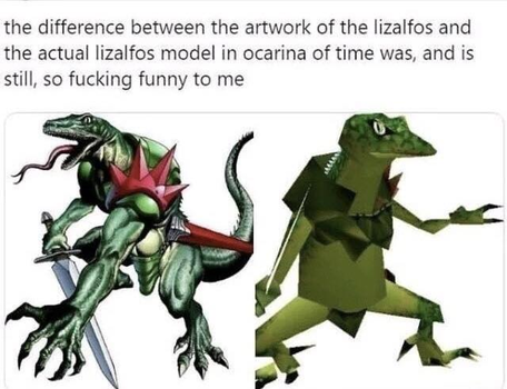 Comparison of the Lizalfos artwork from Legend of Zelda: Ocarina of Time and the (low-polygon, minimal-texture) implementation of the Lizalfos in the game.