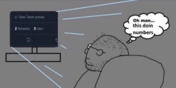 Unkept man reacting to a twitter screenshot with 2 likes and 3 replies with "oh man... this doin numbers"