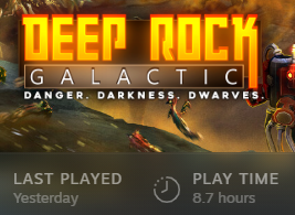 Screenshot of a steam library with Deep Rock Galactic selected. Last Played date is yesterday and total play time is 8.7 hours.
