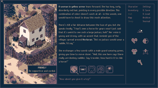 A screenshot of the game Roadwarden, with an image of a pixel-based inn on the left and exposition and choices on the right.
