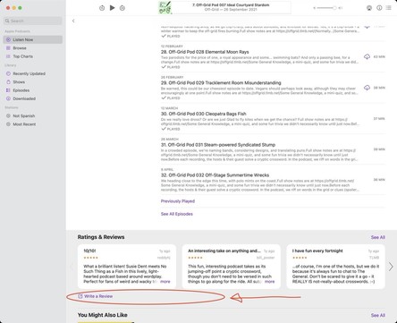 The Off-Grid page on Apple Podcasts, with the "Write A Review" link highlighted, under the list of episodes and other reviews.