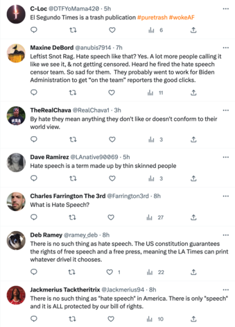 Twitter screenshot of responses to LA Times tweet. 