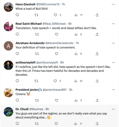 Twitter screenshot of responses to LA Times tweet. 