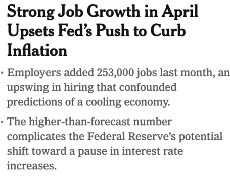 NYTimes headline: "Strong Job Growth in April Upsets Fed's Push to Curb Inflation"