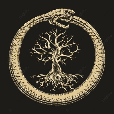 Ouroboros surrounding a withered tree made of thorns.