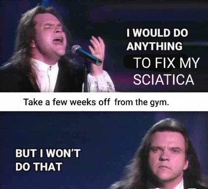 Image macro: meatloaf singing "I would do anything for love" but the text says, "I would do anything to fix my sciatica" "Take a few weeks off from the gym" "But I won't do that."