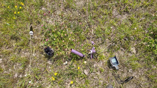 A small purple rocket in the ground, broken into several pieces. 