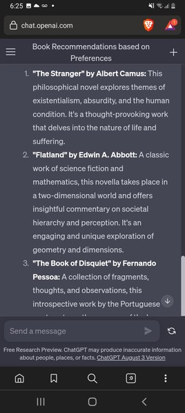 Three books recommended by ChatGPT: 
1. "The Stranger" by Albert Camus
2. "Flat Land" by Edwin A. Abbott
3. "The Book of Disquiet" by Fernando Pessoa