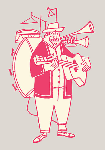 A drawn picture of a street musician. On his back is a big drum, with a smaller drum above. The big drum has a rope towards his left foot. On top a few triangles connected to his hat. Next to his face a trumpet and something looking like vuvuzela. And in his hands a guitar.