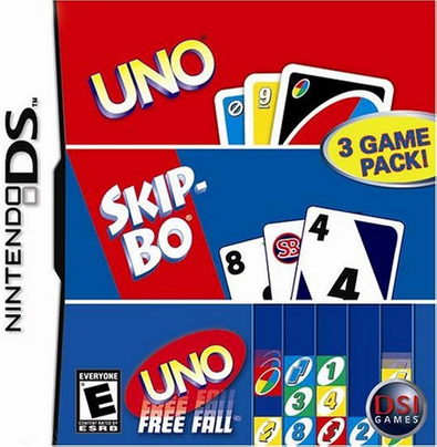 An image of probably the front fover of a NDS cartridge case. NintendoDS is clearly visible with 3 games included: UNO, Skip-bo and UNO Free Fall.