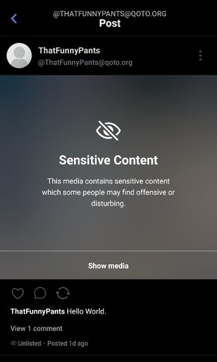 screenshot: pixelfed app showing as unlisted and  sensitive content