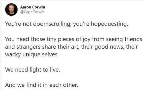Tweet by Aaron Corwin @CapnCorwin:

You're not doomscrolling, you're hopequesting.

You need those tiny pieces of joy from seeing friends and strangers share their art, their good news, their wacky unique selves.

We need light to live.

And we find it in each other.