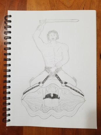 Pencil drawing of Gondar the Bisector, astride his mighty war-clam.
