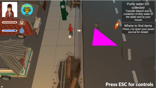Screenshot of a video game showing a character on a city street. There is a large, incongruous pink triangle in the street.