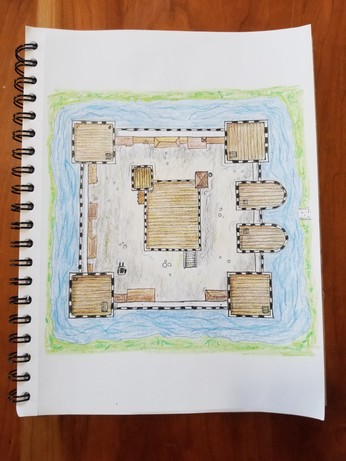 Colored pencil drawing of a castle with a moat, seen from above.
