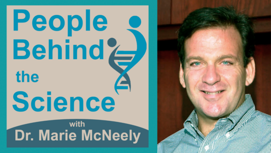 On the left side of the image, the cover art for the podcast is displayed. The text reads "People Behind the Science with Dr. Marie McNeely", and the logo is included. On the right side of the image is a headshot photo of Dr. Alan Saltiel. He has blue eyes, short brown hair, and he is wearing a blue and white patterned dress shirt. 