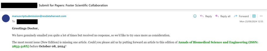 A screenshot of an email from a (likely predatory) journal.
The email is sent from a "resdataharvest.com" domain... 