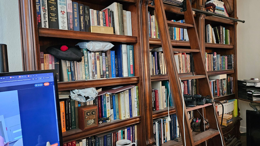 Cluttered book shelf.