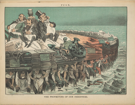 “Cartoon showing Cyrus Field, Jay Gould, Cornelius Vanderbilt, and Russell Sage, seated on bags of “millions”, on large raft, and being carried by workers of various professions.”