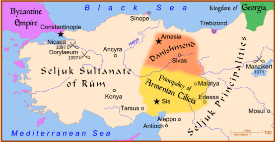"A map of Anatolia before the Siege of Nicaea in 1097, also showing the location of the Battle of Manzikert, 1071."