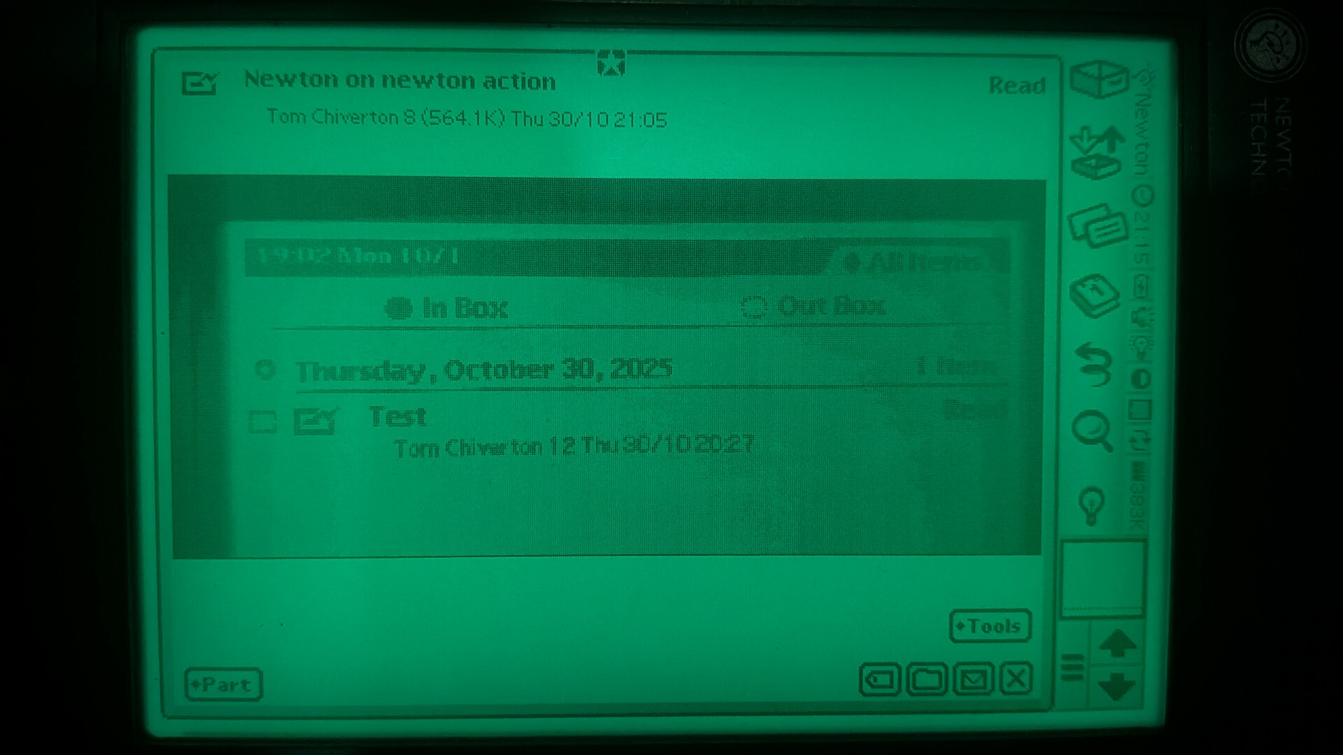 A black on glowing green screen shot
It shows an email header, and then a grey scale version of one of the pictures from the previous post, of screen shot of itself